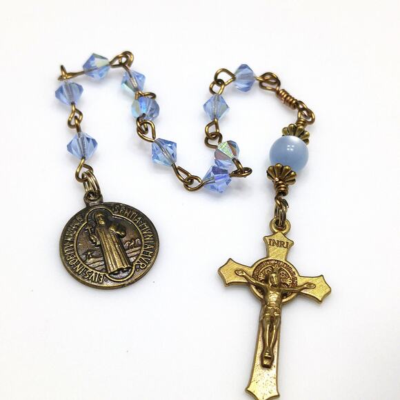 St. Benedict Blue Handmade One Decade Rosary, Blue Crystal Decade Beads - Picture 2 of 10